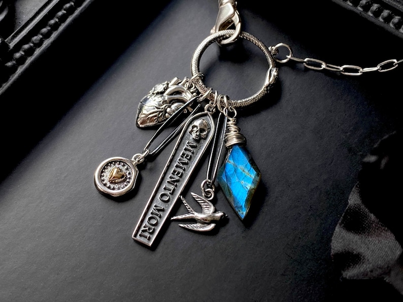 Sterling Silver Gothic Charm Necklace: Labradorite, Memento Mori, Limited Edition image 1