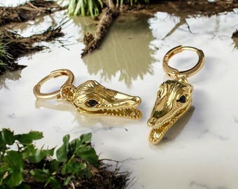 Gold Filled Alligator Skull Hoop Earrings: Reptile Jewelry