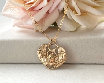 14kt Gold Filled Scarab Necklace, Scarab With Wings Jewelry, Rebirth Jewelry, Egyptian Jewelry, Mythological Jewelry, Beetle Necklace