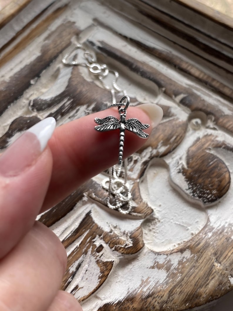May include: A silver chain necklace with a dragonfly pendant. The dragonfly is detailed with intricate wings and a long, thin body.
