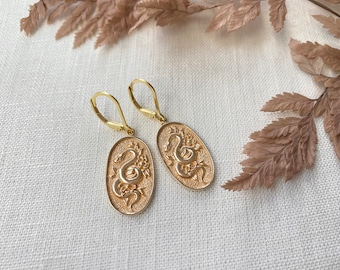 Gold Snake Earrings: Bronze Serpent with Flowers, Dark Academia Jewelry