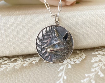 Sterling Silver Fox and Fern Coin Necklace. Fox Jewelry, Wildlife Jewelry, Kitsune Jewelry, Waterproof Jewelry, CHAIN CHOICES