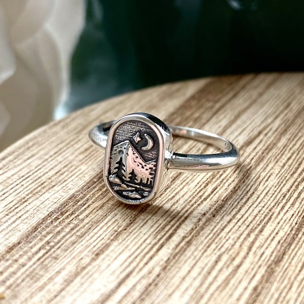 Sterling Silver Mountain with Forest Ring. Mountain Jewelry, Hiker Jewelry, Outdoor Jewelry, Moon Jewelry, Forest Jewelry.