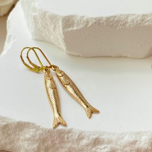 14kt Gold Filled Lever Back Ear Wire or Hoop Sardines Earrings. Aquatic Jewelry, Golden Sardines, Sardine Girl Summer, Waterproof Jewelry
