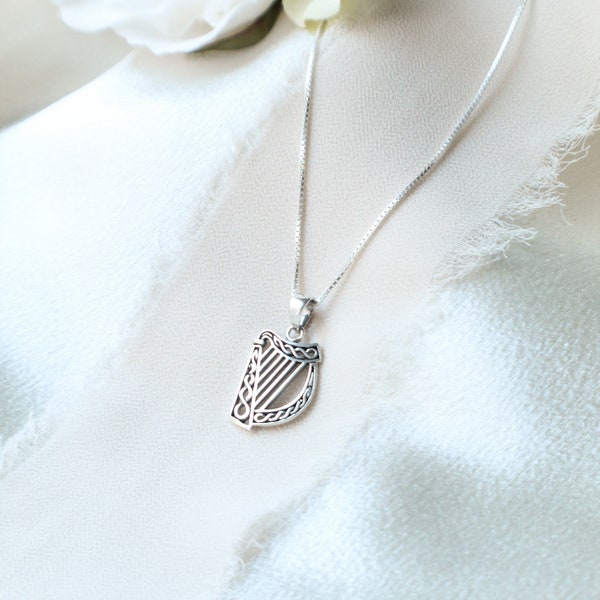 Sterling Silver Irish Harp Necklace. Irish Jewelry, Celtic Jewelry, Holiday Jewelry, Harp Jewelry, Gaelic Jewelry