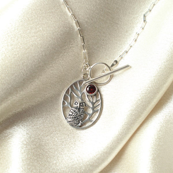 Sterling Silver Owl Necklace with Garnet CZ. Wisdom Jewelry, Foresight Jewelry, Bird Jewelry, Owl Jewelry, Strigiformes Jewelry