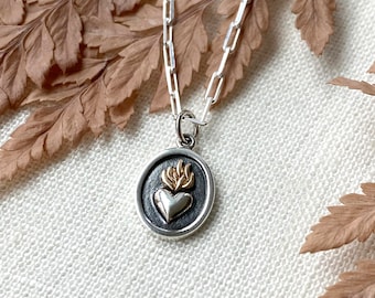 Sterling Silver Sacred Heart Necklace, Bronze Flame, Milagro Jewelry