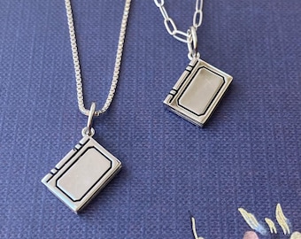 Sterling Silver or Gold Filled Book Necklace, Tiny Library Jewelry