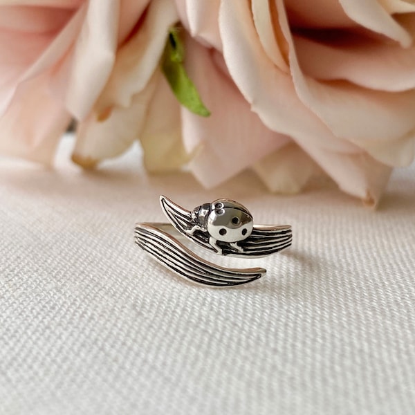 Sterling Silver Adjustable Ladybug Ring. Bug Lover Jewelry, Spring Jewelry, Ladybug Jewelry, Bug Ring.