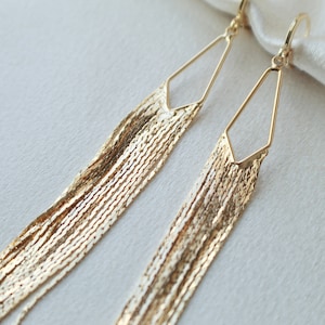Long Gold Fringe Earrings, 14kt Gold Filled Hoops