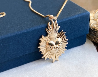 Gold Filled or Sterling Silver Sacred Heart Necklace: Bronze Milagro Charm