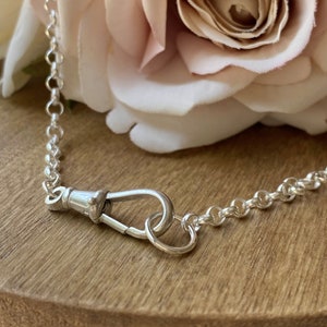 May include: A silver chain with a silver clasp. The chain is on a wooden surface with a pink rose in the background.