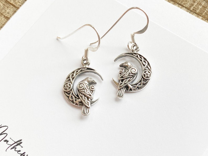 Sterling Silver Raven and Moon Earrings. Raven Jewelry, Moon Jewelry, Mystic Jewelry, Wiccan Jewelry, Crescent Jewelry, Creativity Jewelry image 2