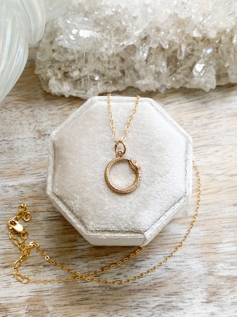 May include: Gold snake chain necklace with a small, gold snake charm in the shape of a circle. The necklace is displayed in a white velvet box.
