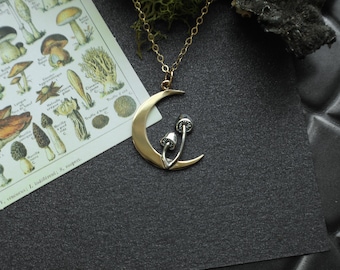 Gold Filled Moon with Mushrooms Necklace, Lunar Jewelry, Vitality Jewelry, Moon Jewelry, Mushroom Jewelry, Fungi Jewelry, Fungi Necklace