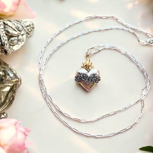 Sterling Silver Sacred Heart With Flowers Necklace. Milagro Jewelry, Immaculate Heart Pendant, Faith Jewelry, Devotion Jewelry