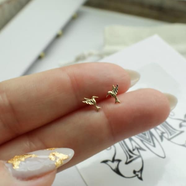 14kt Solid Gold Tiny Hummingbird Stud Earrings. Perseverance Jewelry, Bird Jewelry, Native American Jewelry,Joy Jewelry, Endurance Jewelry