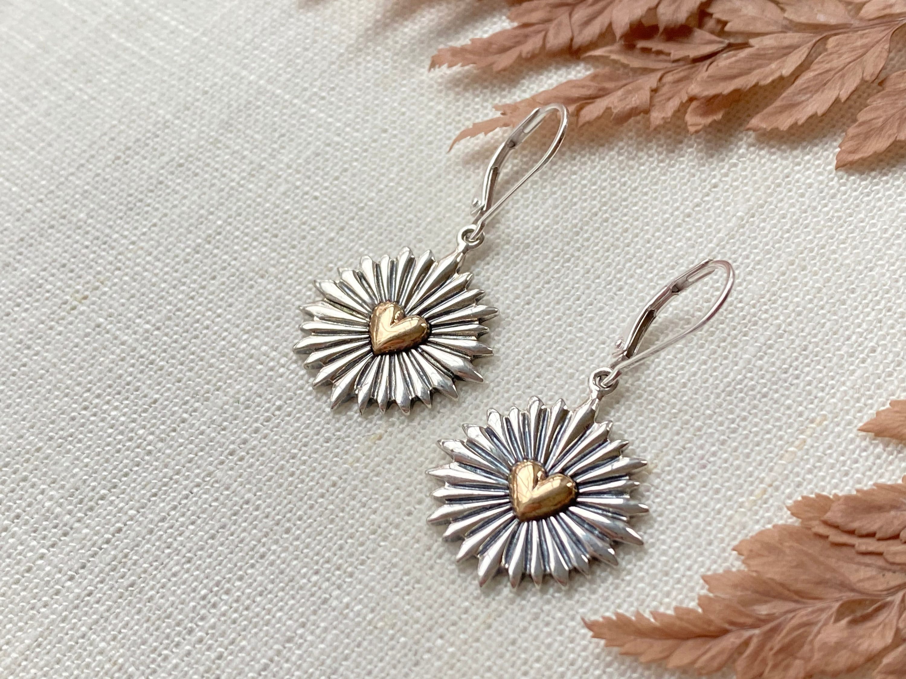 Sterling Silver Heart With Sunrays Leverback Earrings. Love