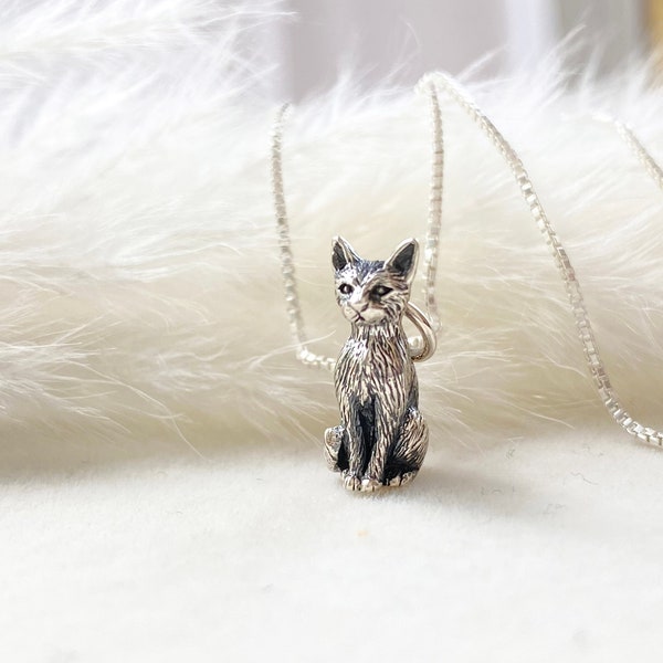 Sterling Silver 3D Sitting Cat Necklace, Cat Jewelry, Cat Lover Jewelry, Feline Jewelry, Tranquility Jewelry, Patience Jewelry