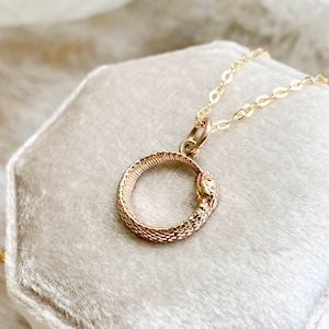 May include: A gold snake chain necklace with a pendant shaped like a snake curled into a circle. The pendant is detailed with scales and has a textured finish.