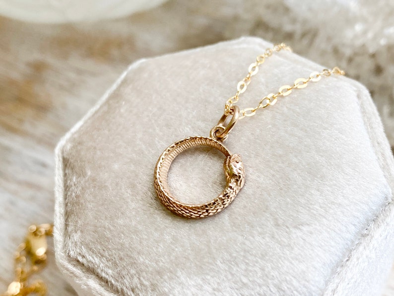 May include: A gold snake chain necklace with a pendant shaped like a snake curled into a circle. The pendant is detailed with scales and has a textured finish.
