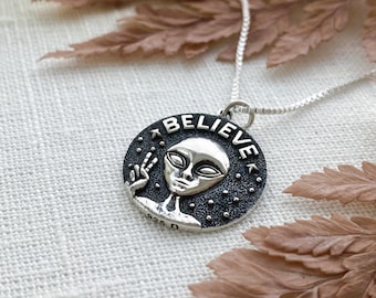 Sterling Silver Alien Believe Necklace. Extraterrestrial Jewelry, Alien Jewelry, UFO Necklace, Area 51 Necklace, Alien Peace Jewelry