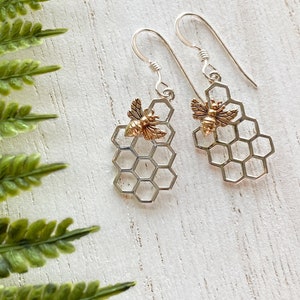 Tiny Sterling Silver Honeycomb Bee Necklace, Earrings or Set. Bee Jewelry, Silver Bee, Bee Charm, Honeycomb Jewlery Earrings Only