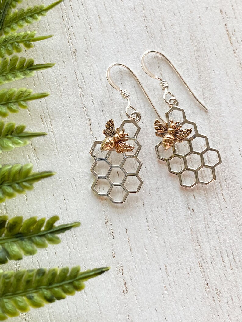 Tiny Sterling Silver Honeycomb Bee Necklace, Earrings or Set. Bee Jewelry, Silver Bee, Bee Charm, Honeycomb Jewlery Earrings Only