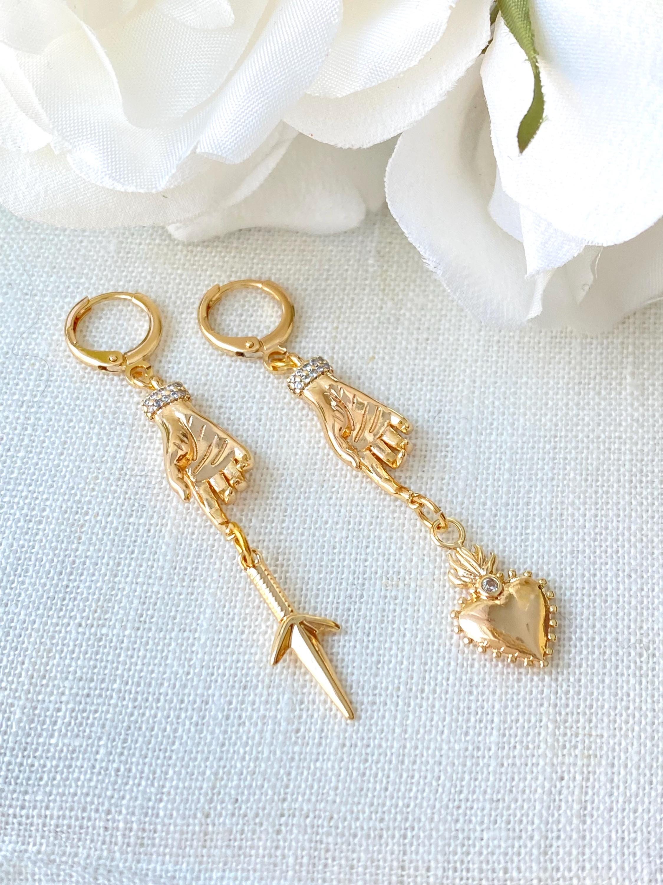 Gold Filled Dagger and Sacred Heart  Hoop Earrings. Dagger Jewelry, Gothic Jewelry, Blade Earrings, Heart Jewelry