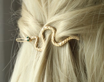 Gold or Silver with Emerald Eyes Snake Barrette. Snake Hair Jewelry, Snake Accessories, Hair Accessories.