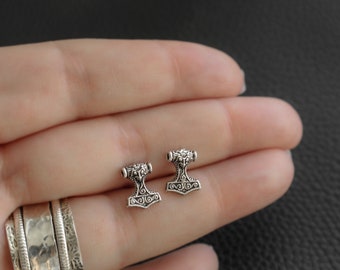 Tiny Thors Hammer Gold or Sterling Silver Stud or Dangle Earrings. Viking Jewelry, Thors Hammer Jewelry, Mjölnir, Norse Jewelry.