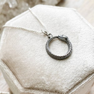 May include: A silver necklace with a snake pendant. The snake is curled into a circle and its tail is in its mouth. The necklace is on a white velvet background.