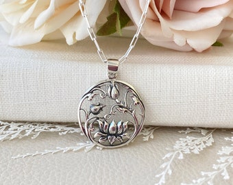 Sterling Silver Round Lotus Necklace. Lotus Jewelry, Floral Jewelry, Spiritual Jewelry, Meditative Jewelry, Waterproof Jewelry,CHAIN CHOICES