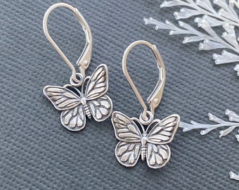 Sterling Silver Monarch Butterfly Leverback Earrings. Butterfly Jewelry, Monarch Earrings, Christmas Earrings, Waterproof Jewelry.