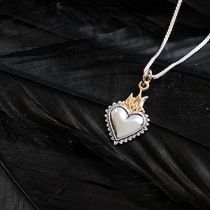 Sterling Silver Sacred Heart Necklace: Bronze Flame Devotion Jewelry