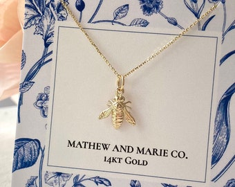 14kt Solid Gold Bee Necklace or Charm. Bee Jewelry, Solid Gold Jewelry, Beekeeper Gift, Honey Bee Necklace, Adjustable Necklace
