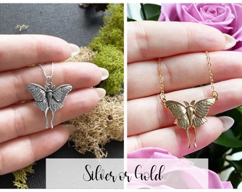 Sterling Silver or Gold  Luna Moth Necklace. Moth Jewelry, Bug Jewelry, Intuition Jewelry,Entomologist Jewelry, Chain Choices!