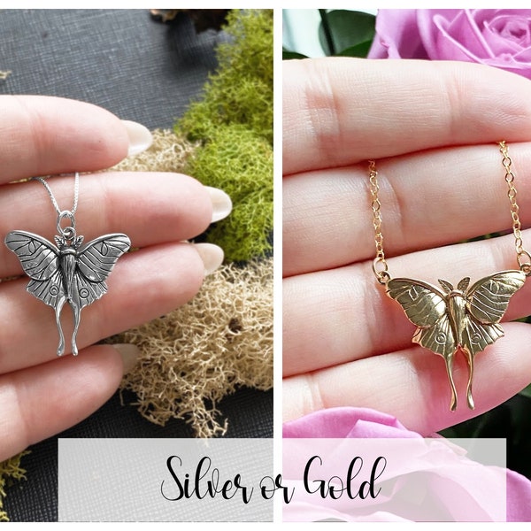 Sterling Silver or Gold  Luna Moth Necklace. Moth Jewelry, Bug Jewelry, Intuition Jewelry,Entomologist Jewelry, Chain Choices!