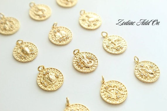 Gold Zodiac Coin Charm: CZ Astrology Jewelry Add On