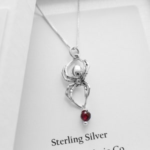 Sterling Silver Spider Charm with Garnet Gemstone Necklace . Spider Jewelry, Gothic Jewelry, Sterling Garnet Jewelry.