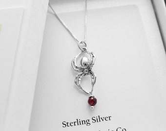Sterling Silver Spider Charm with Garnet Gemstone Necklace . Spider Jewelry, Gothic Jewelry, Sterling Garnet Jewelry.