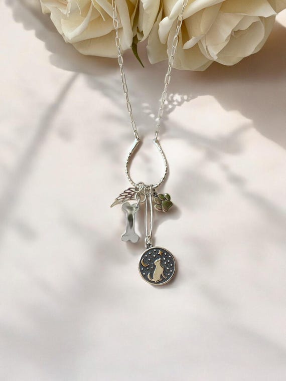 Sterling Silver Dog Memorial Necklace: Paw Print Initial, Bone