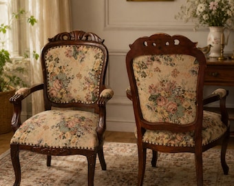Vintage English Cottage-inspired Floral Tapestry Accent Chair | Traditional Carved Wood Armchair | 1980s/90s Vintage