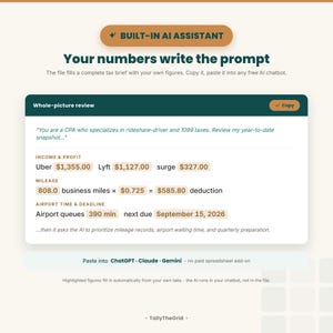 Uber and Lyft rideshare driver tax and mileage tracker spreadsheet - built-in AI Assistant tab. Instant-download template for Excel and Google Sheets. For Uber and Lyft rideshare drivers.