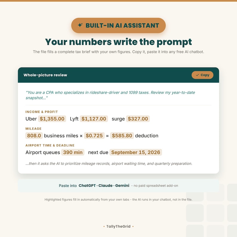 Uber and Lyft rideshare driver tax and mileage tracker spreadsheet - built-in AI Assistant tab. Instant-download template for Excel and Google Sheets. For Uber and Lyft rideshare drivers.