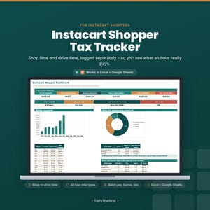Instacart shopper tax and batch tracker spreadsheet - listing cover preview. Instant-download template for Excel and Google Sheets. For Instacart shoppers.