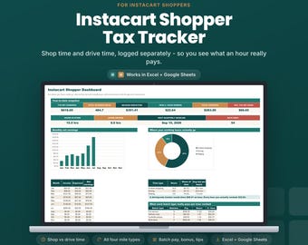 Instacart Shopper Tax Tracker Spreadsheet | Batch Log with Shop vs Drive Time | Dead Miles, Tips | Excel Google Sheets