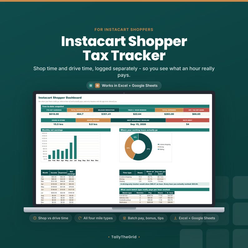 Instacart shopper tax and batch tracker spreadsheet - listing cover preview. Instant-download template for Excel and Google Sheets. For Instacart shoppers.