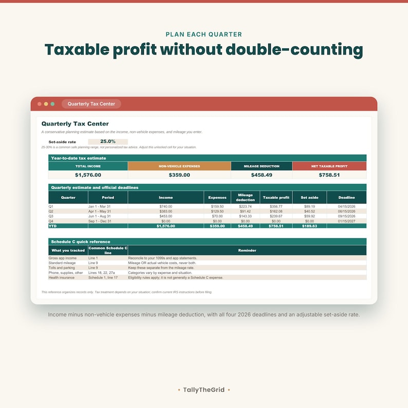 Gig driver tax and mileage tracker spreadsheet - quarterly tax center. Instant-download template for Excel and Google Sheets. For DoorDash, Uber, Instacart and multi-app drivers.