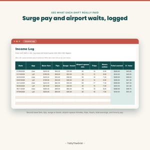 Uber and Lyft rideshare driver tax and mileage tracker spreadsheet - rideshare income log with surge pay and airport wait. Instant-download template for Excel and Google Sheets. For Uber and Lyft rideshare drivers.